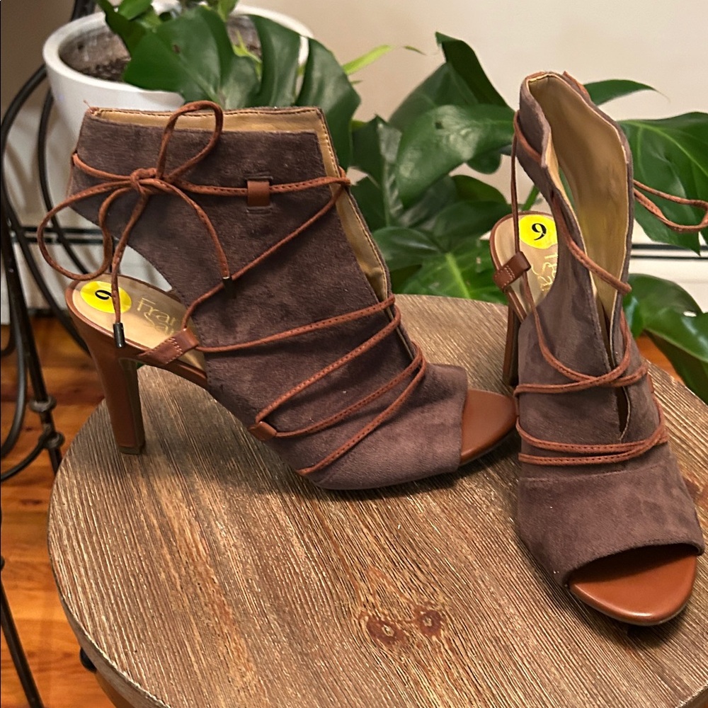 Franco Sarto Brown Suede Lace-Up Peep-Toe Heels
